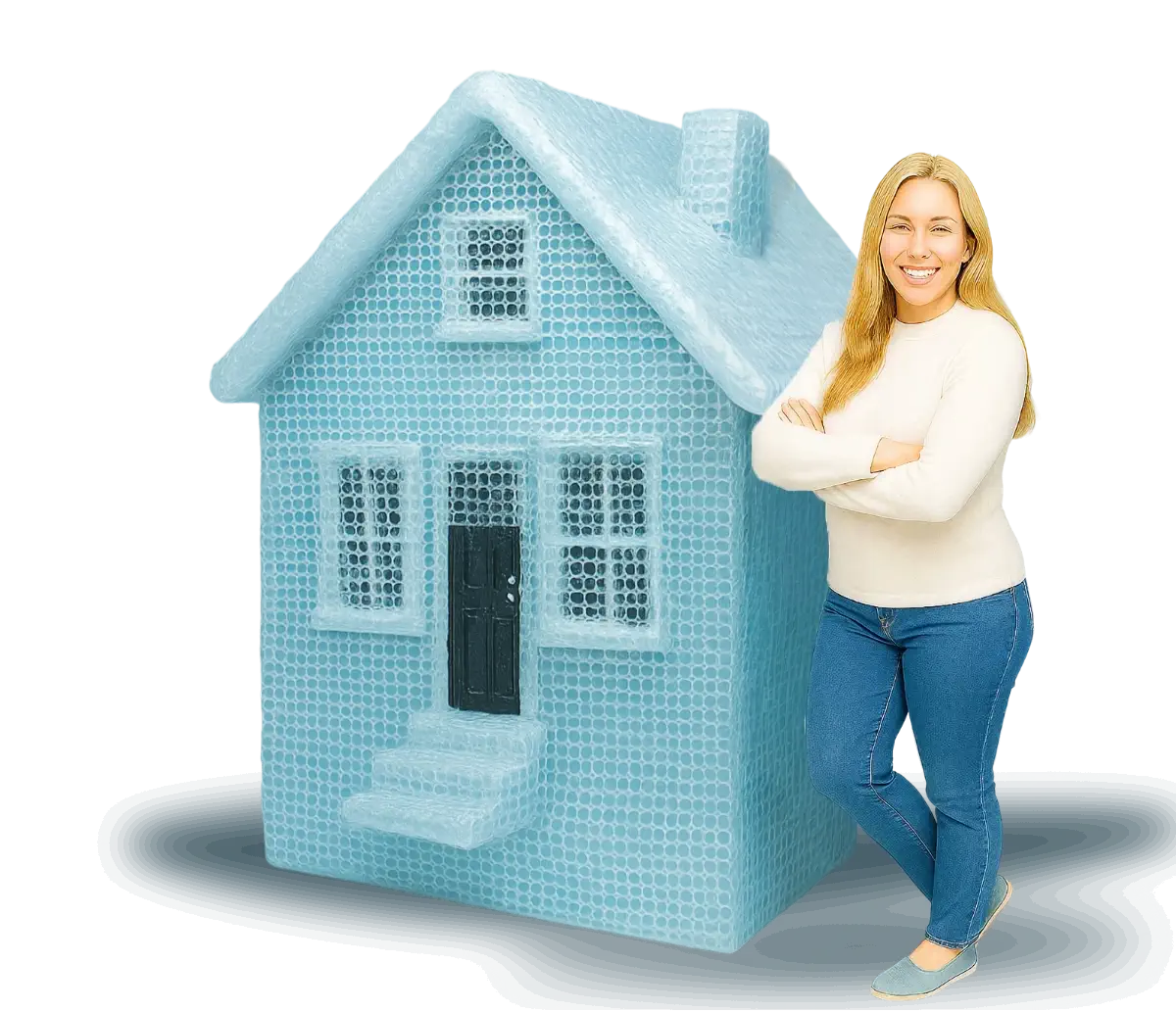 Mujer en casa envuelta con plástico de burbuja